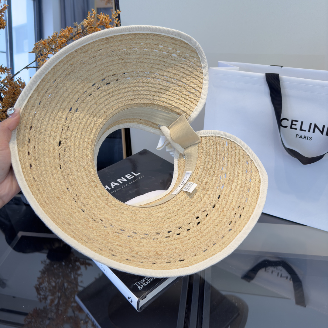 PChanel香奈儿额空顶遮阳帽，拉菲草帽，头围57cm