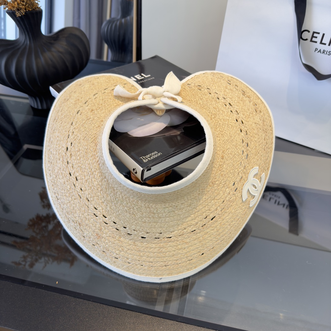 PChanel香奈儿额空顶遮阳帽，拉菲草帽，头围57cm