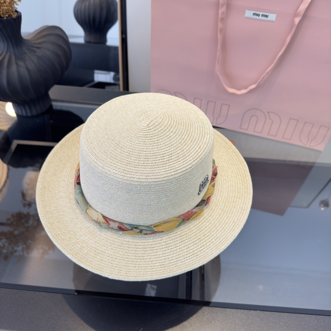 Pmiumiu缪缪新款平顶草帽，日本纸草制作，头围57cm