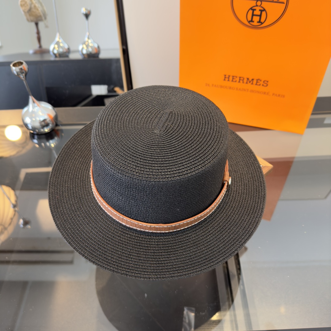 P爱马仕新款平顶草帽，纸草制作，头围57cm