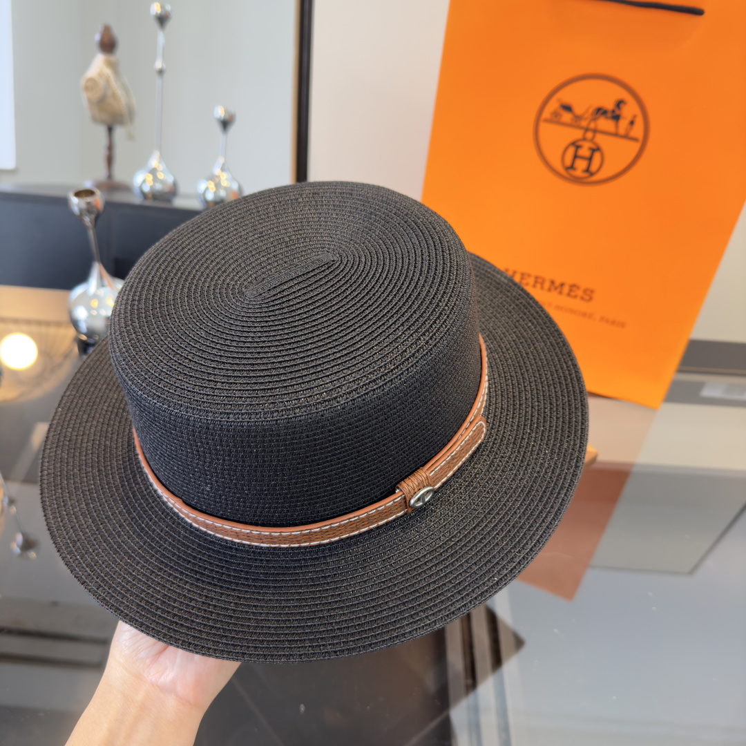 P爱马仕新款平顶草帽，纸草制作，头围57cm