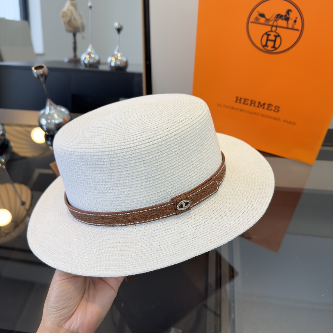 P爱马仕新款平顶草帽，纸草制作，头围57cm