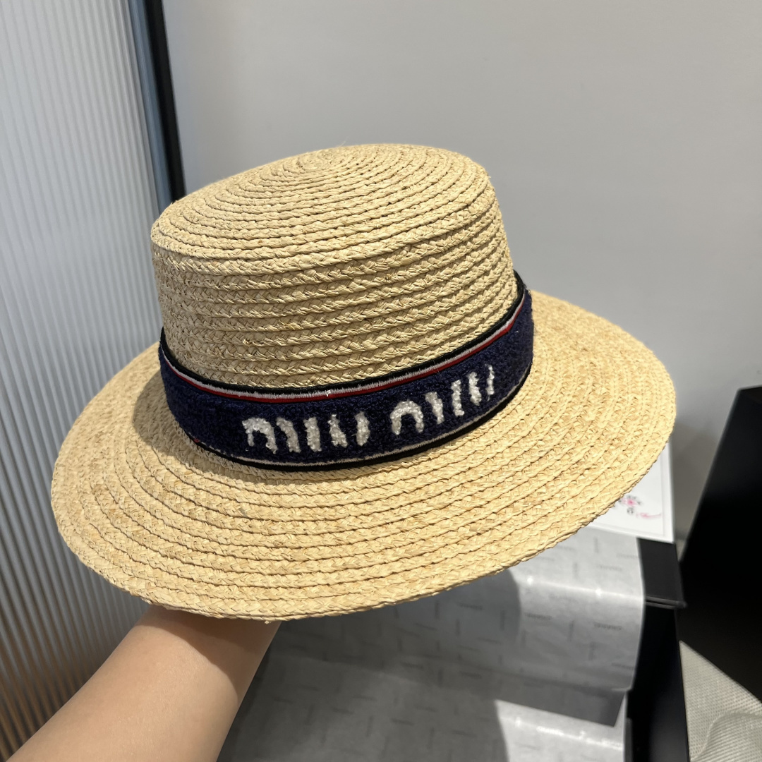 Pmiumiu缪缪新款草帽，23年新款平顶礼帽，拉菲草帽，一比一打版定制，头围57cm左右