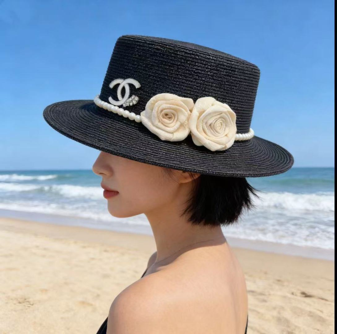 PChanel香奈儿新款名媛风平顶草帽，夏季百搭！