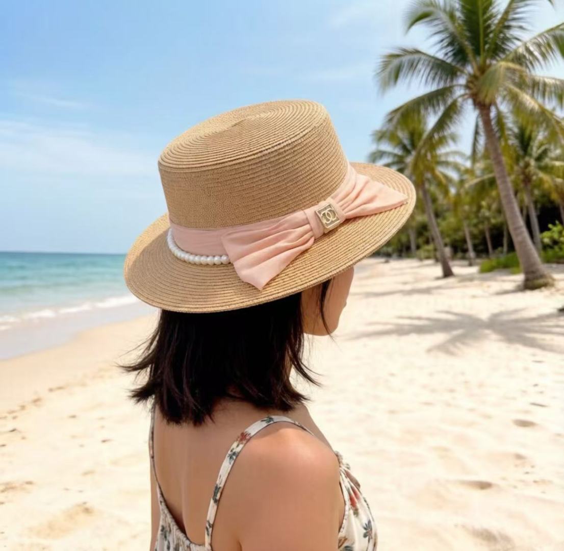 PChanel香奈儿新款名媛风平顶草帽，夏季百搭！