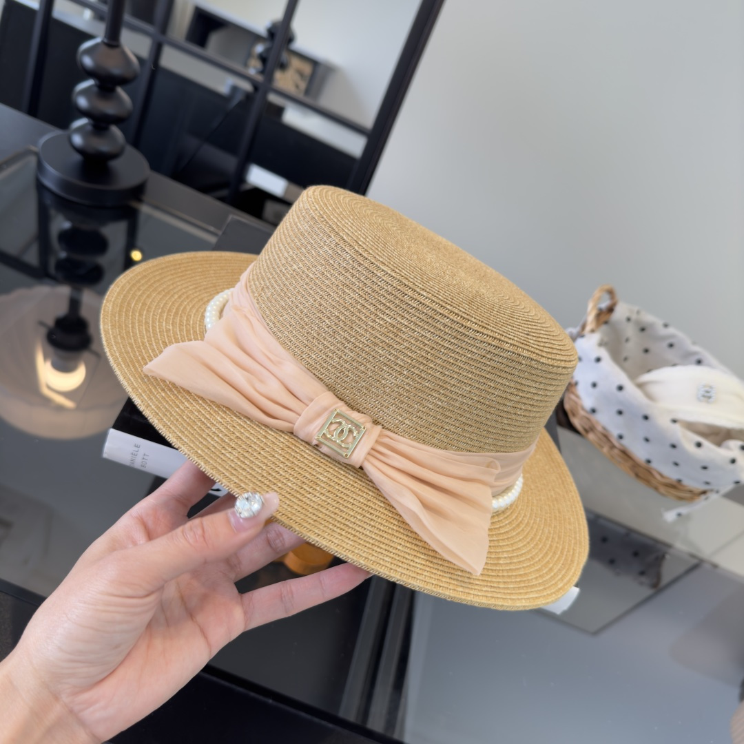PChanel香奈儿新款名媛风平顶草帽，夏季百搭！