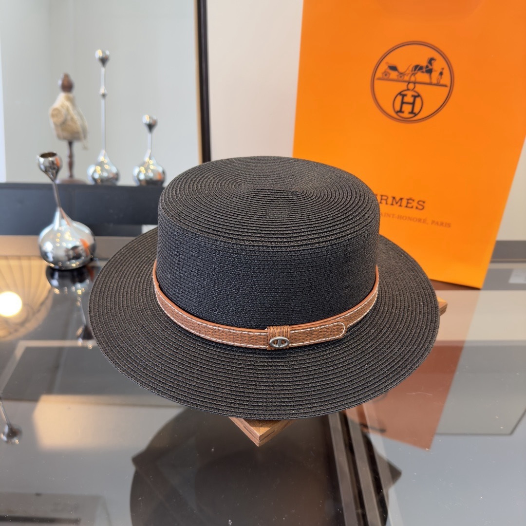 Hermès 爱马仕新款平顶草帽，纸草制作，头围57cm