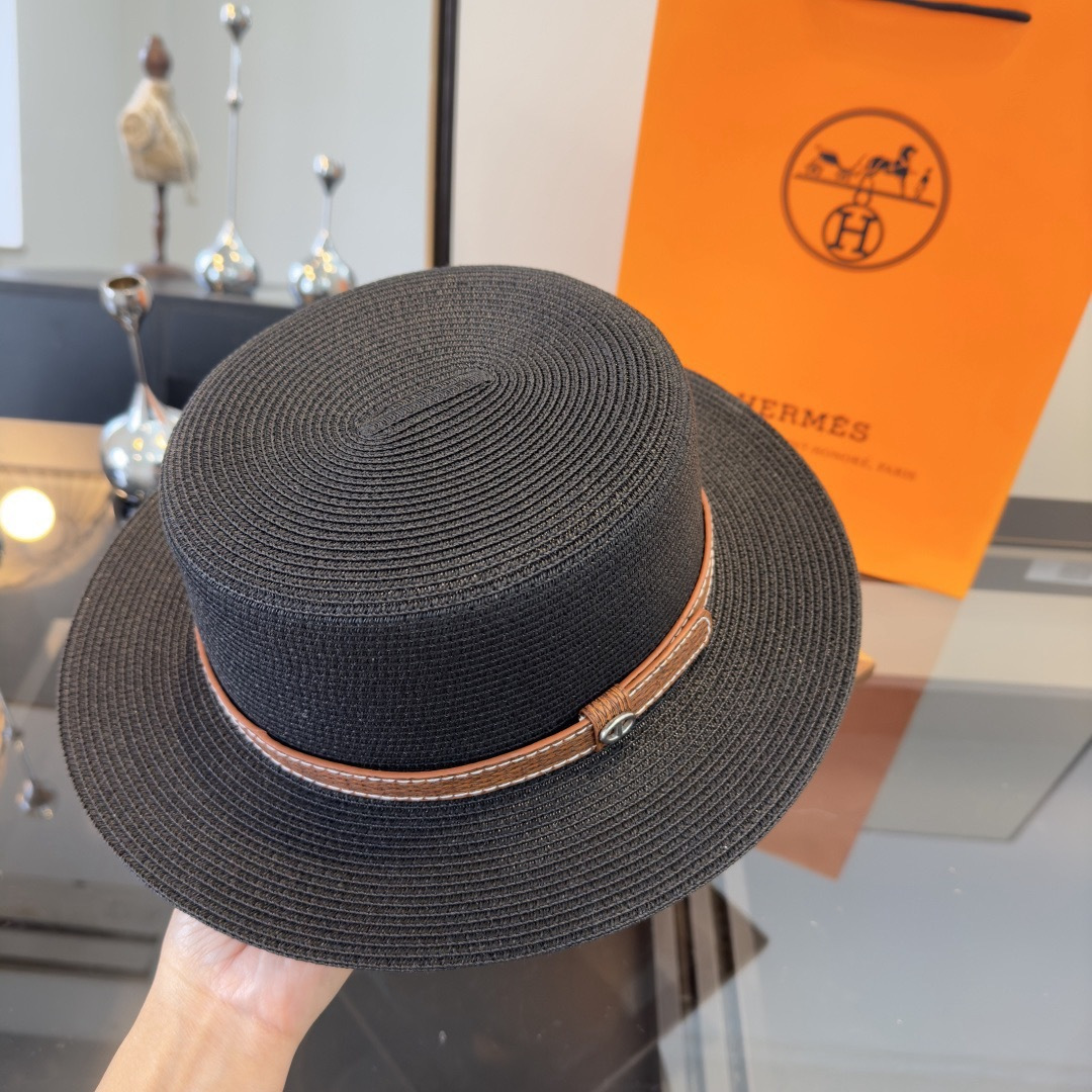 Hermès 爱马仕新款平顶草帽，纸草制作，头围57cm