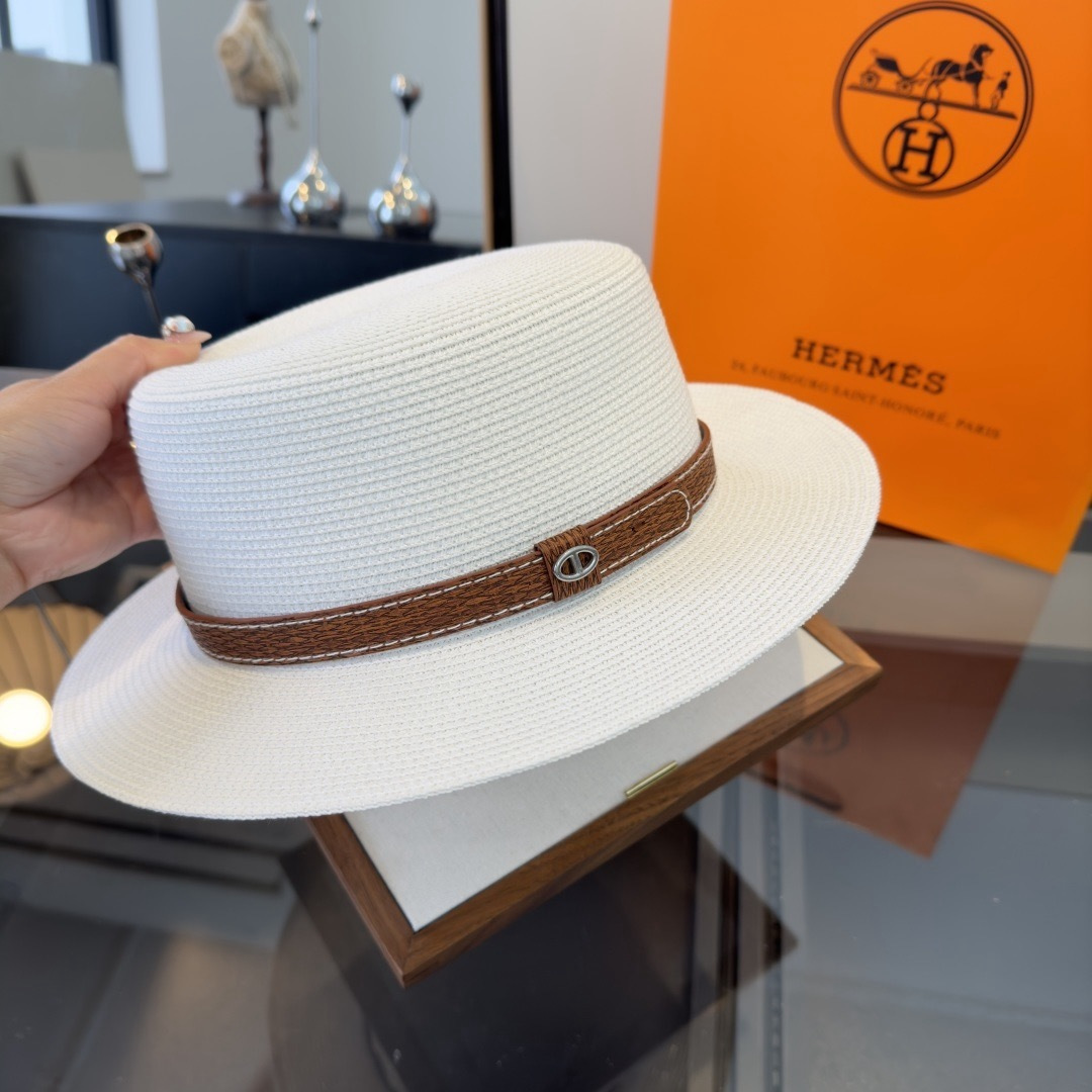 Hermès 爱马仕新款平顶草帽，纸草制作，头围57cm