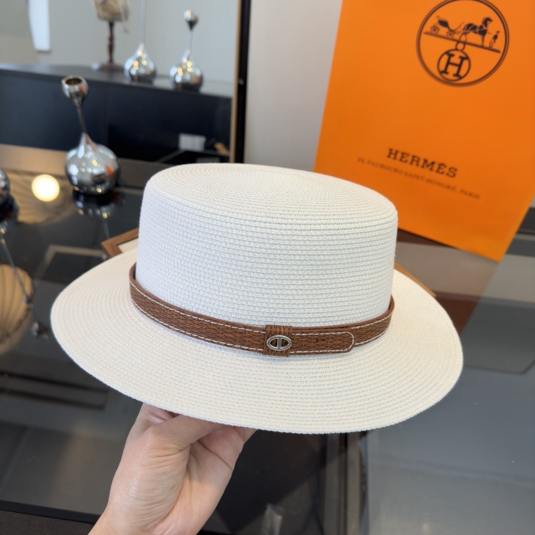 Hermès 爱马仕新款平顶草帽，纸草制作，头围57cm