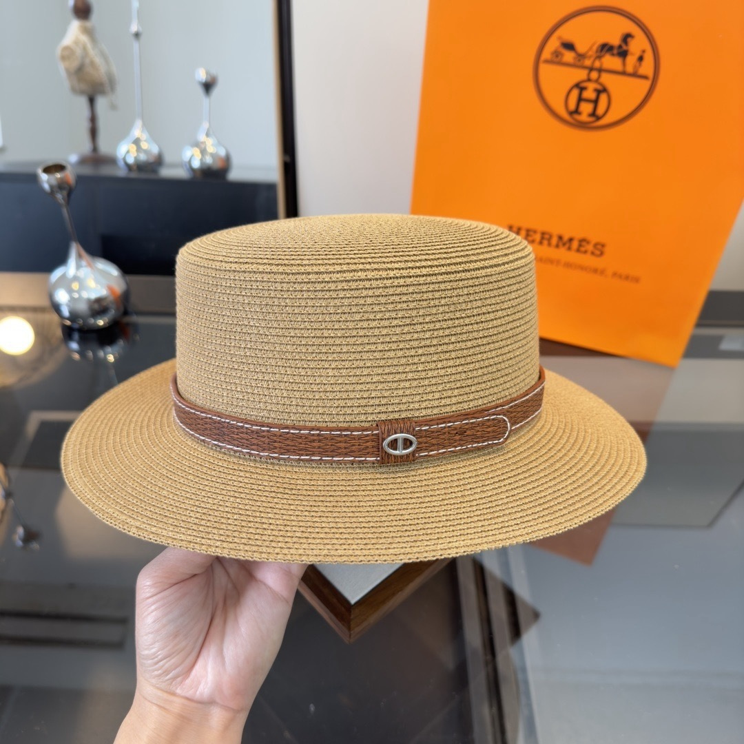 Hermès 爱马仕新款平顶草帽，纸草制作，头围57cm