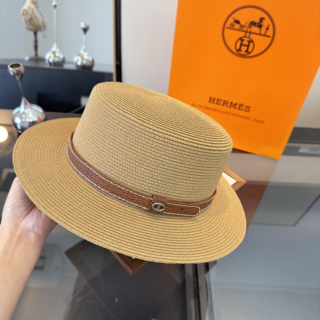 Hermès 爱马仕新款平顶草帽，纸草制作，头围57cm