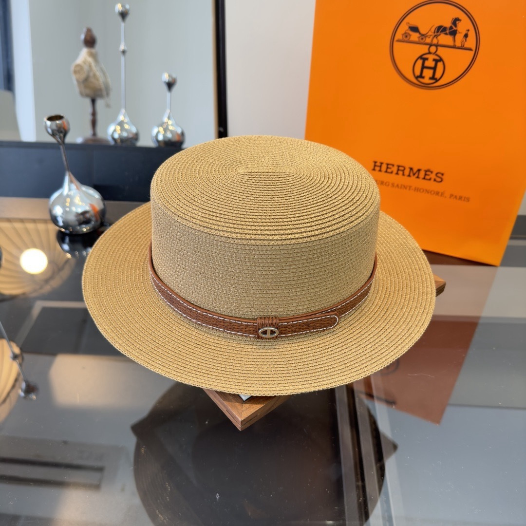 Hermès 爱马仕新款平顶草帽，纸草制作，头围57cm