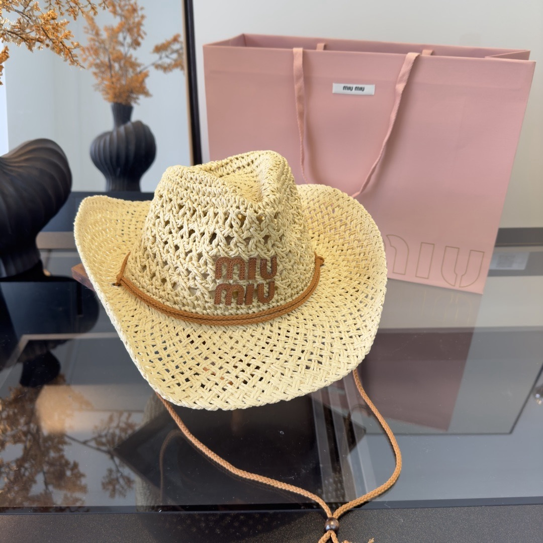 Pmiumiu缪缪新款礼帽，咸草制作，头围57cm