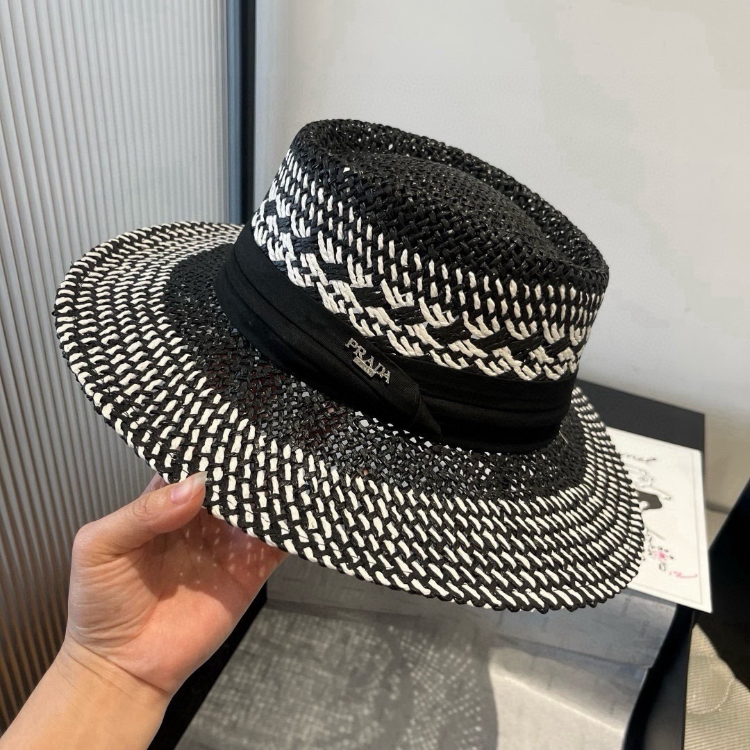 Prada 普拉达菲草遮阳帽，遮阳礼帽，沙滩帽，头围57cm