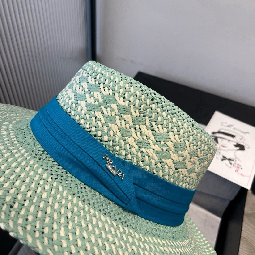 Prada 普拉达菲草遮阳帽，遮阳礼帽，沙滩帽，头围57cm
