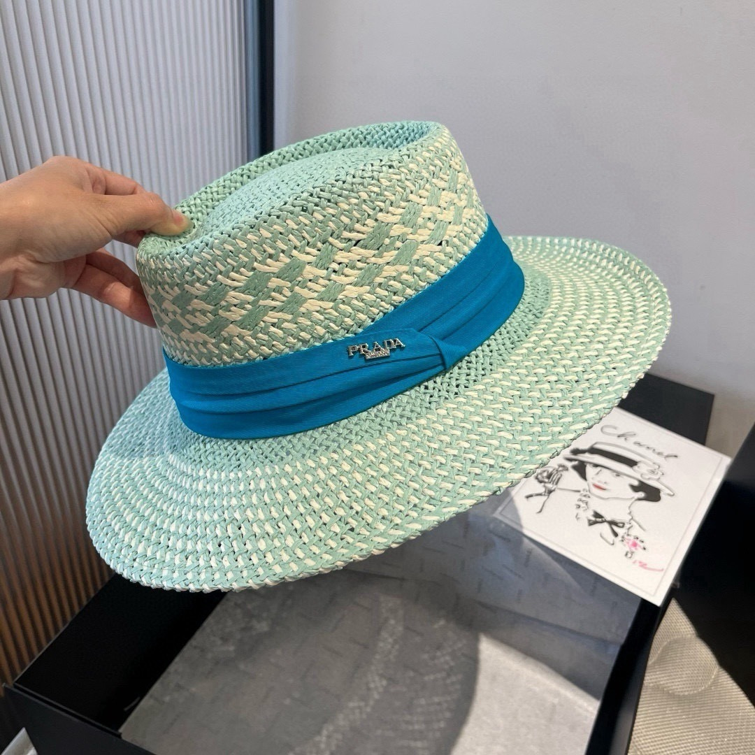 Prada 普拉达菲草遮阳帽，遮阳礼帽，沙滩帽，头围57cm