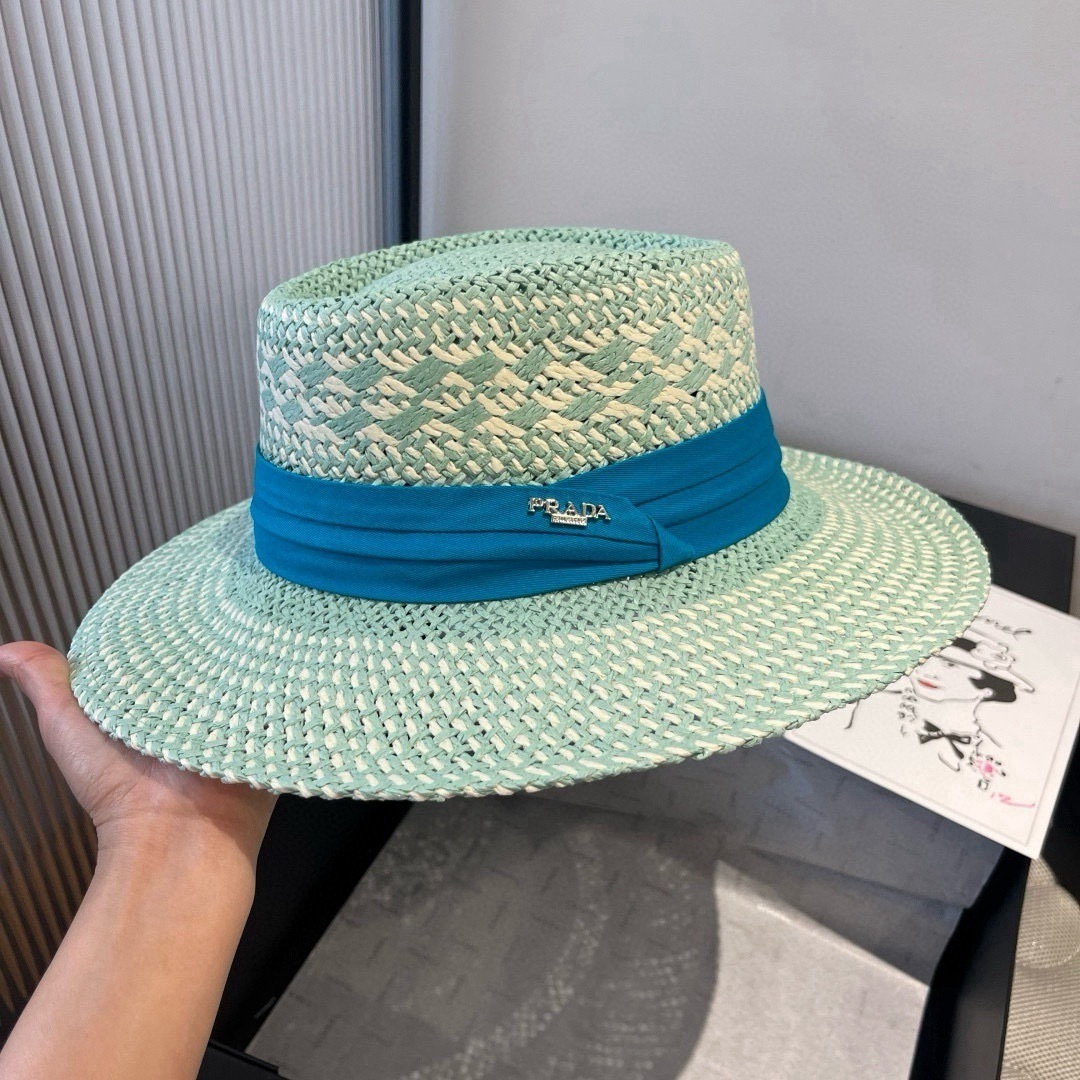 Prada 普拉达菲草遮阳帽，遮阳礼帽，沙滩帽，头围57cm
