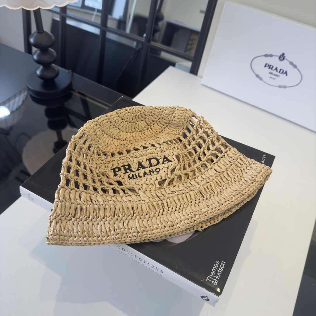 Prada Prada普拉达草帽，渔夫帽，手工编织，2022 新款，刺绣logo