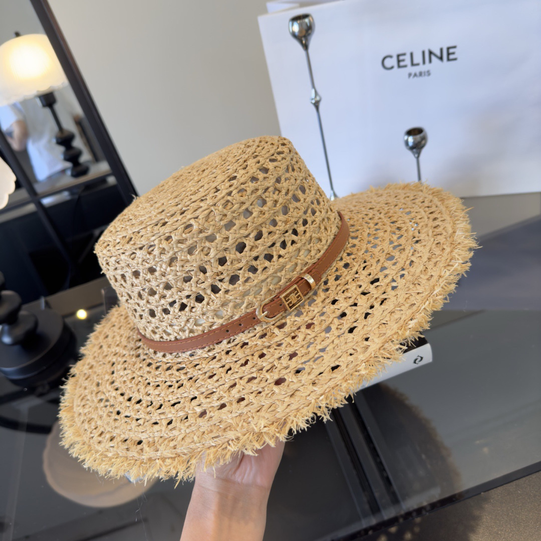 Celine Celine赛琳新款平顶礼帽，镂空遮阳帽，头围57cm