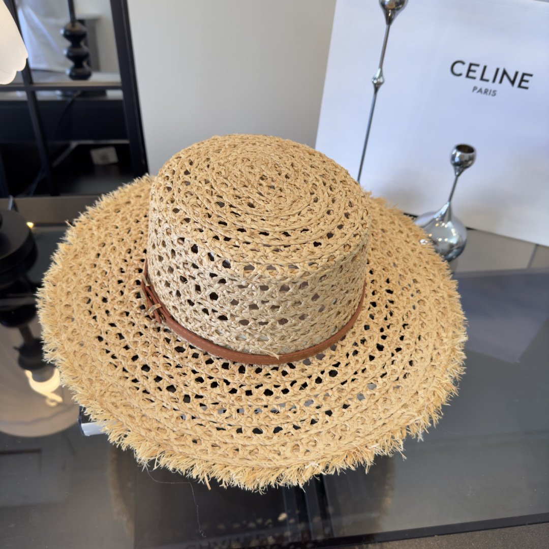 Celine Celine赛琳新款平顶礼帽，镂空遮阳帽，头围57cm