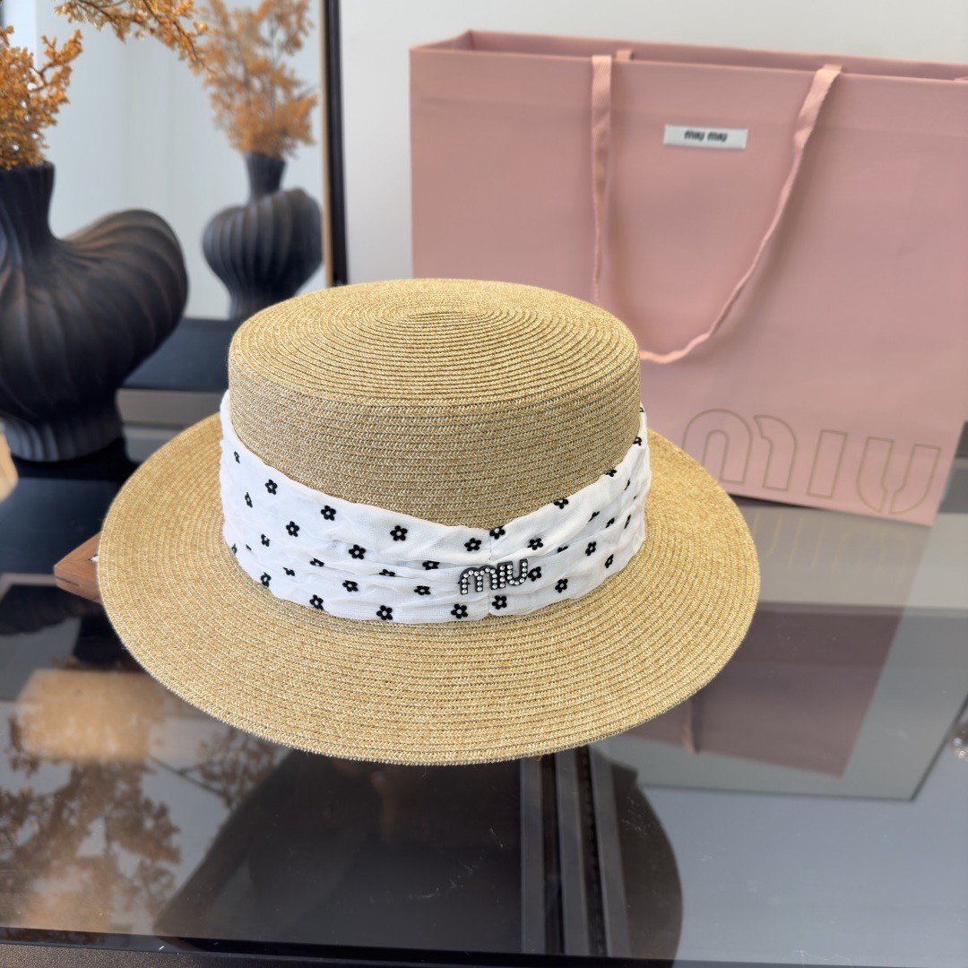 Miu Miu miumiu缪缪新款平顶草帽，日本纸草制作，头围57cm