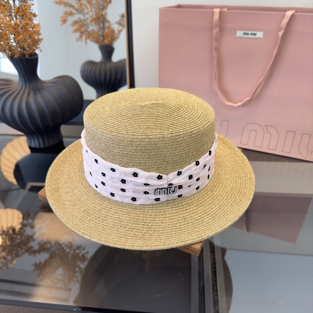 Miu Miu miumiu缪缪新款平顶草帽，日本纸草制作，头围57cm