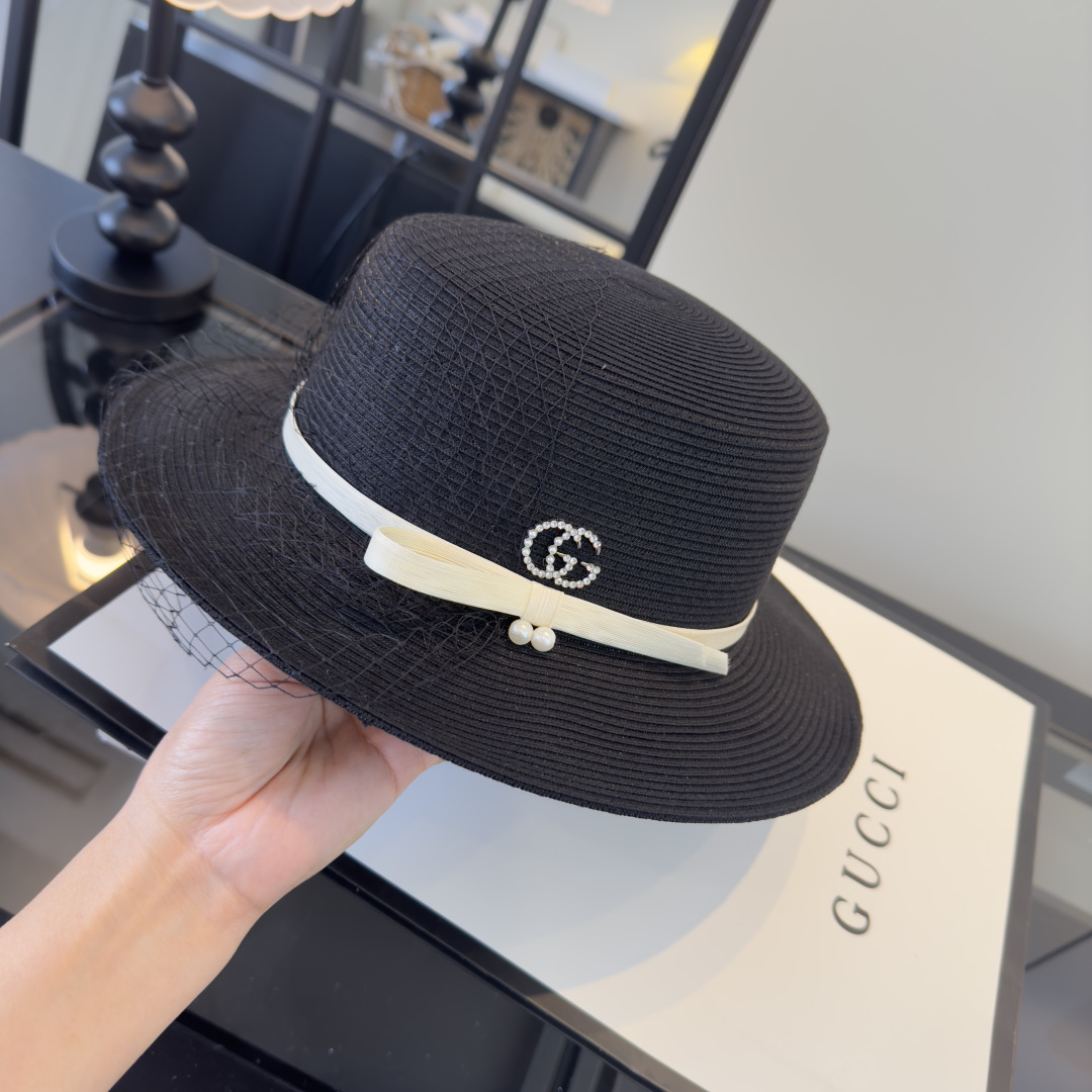 PGucci古奇新款名媛风平顶，网纱帽，头围57cm