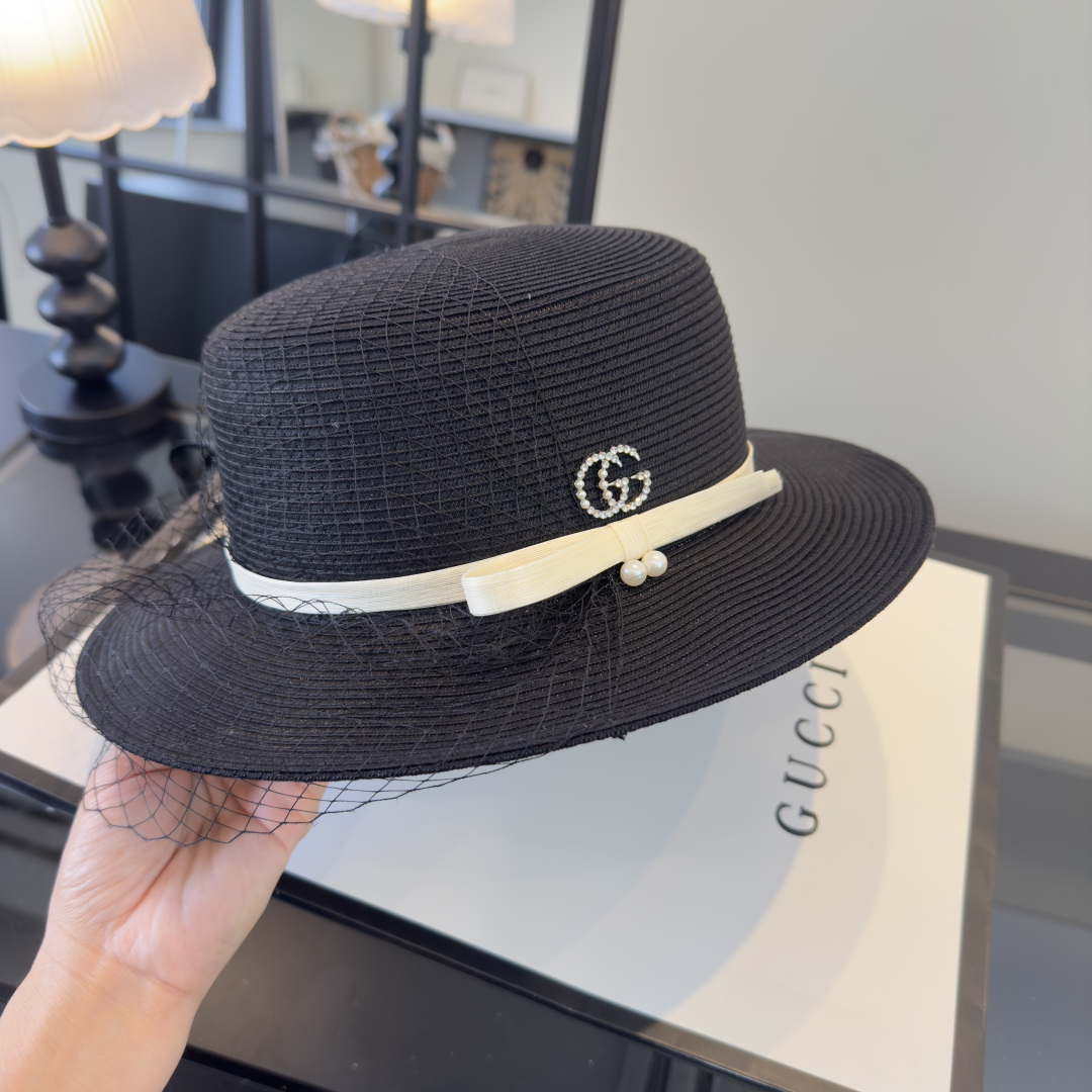 PGucci古奇新款名媛风平顶，网纱帽，头围57cm