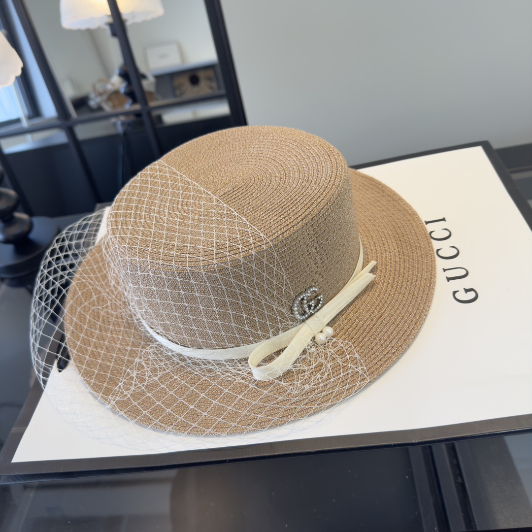 PGucci古奇新款名媛风平顶，网纱帽，头围57cm