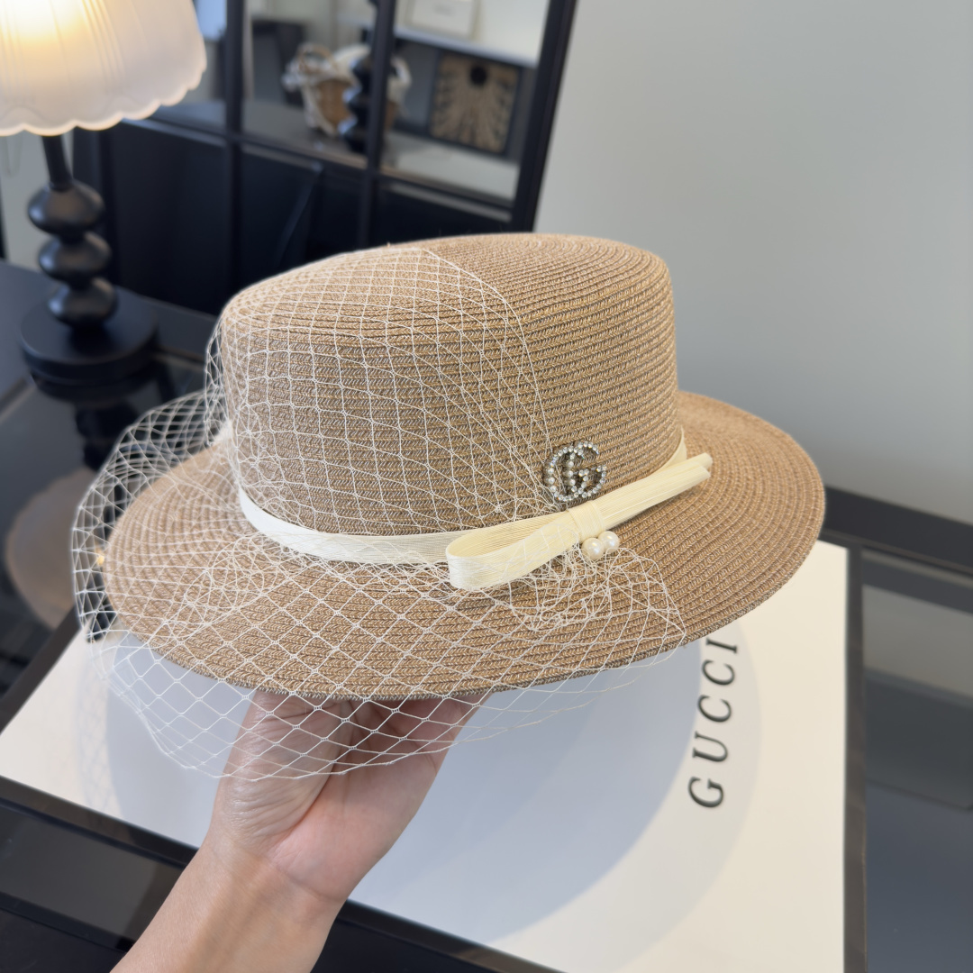 PGucci古奇新款名媛风平顶，网纱帽，头围57cm