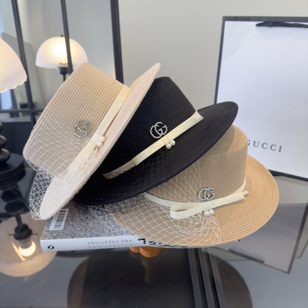 PGucci古奇新款名媛风平顶，网纱帽，头围57cm
