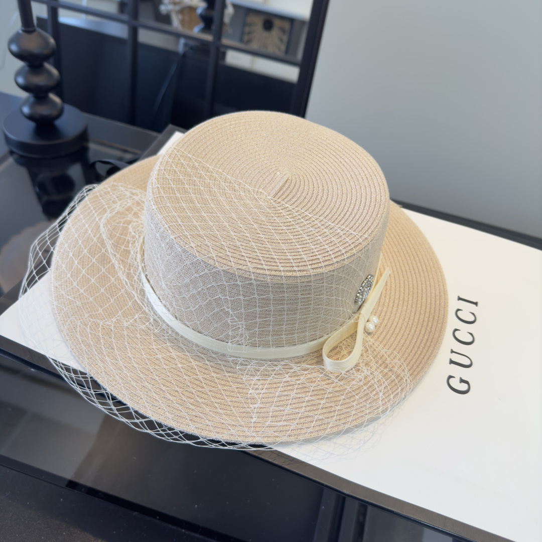 PGucci古奇新款名媛风平顶，网纱帽，头围57cm