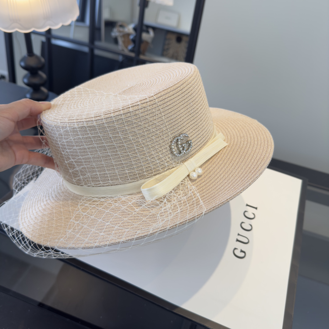 PGucci古奇新款名媛风平顶，网纱帽，头围57cm
