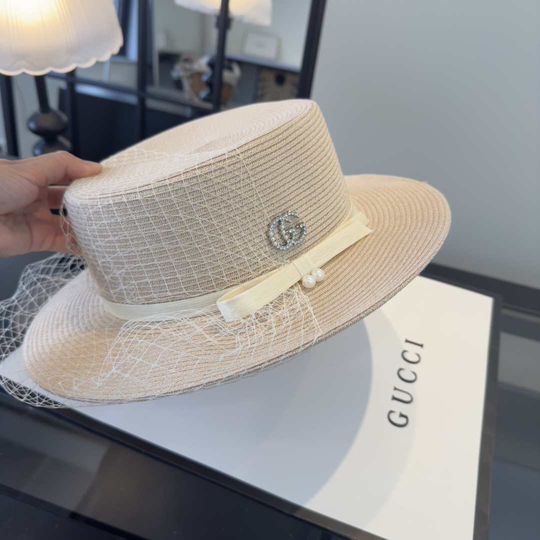 PGucci古奇新款名媛风平顶，网纱帽，头围57cm