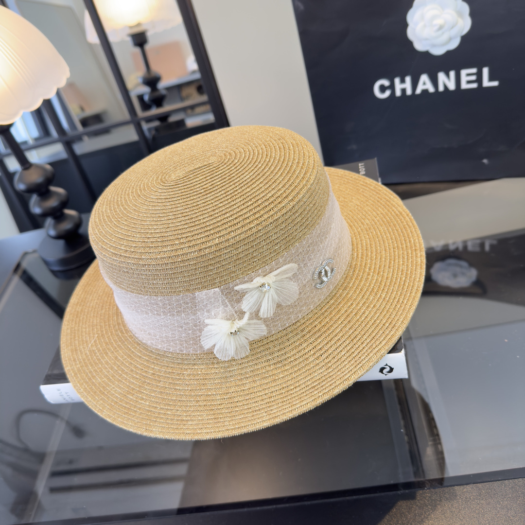 PChanel香奈儿新款平顶草帽，日本纸草制作，头围57cm