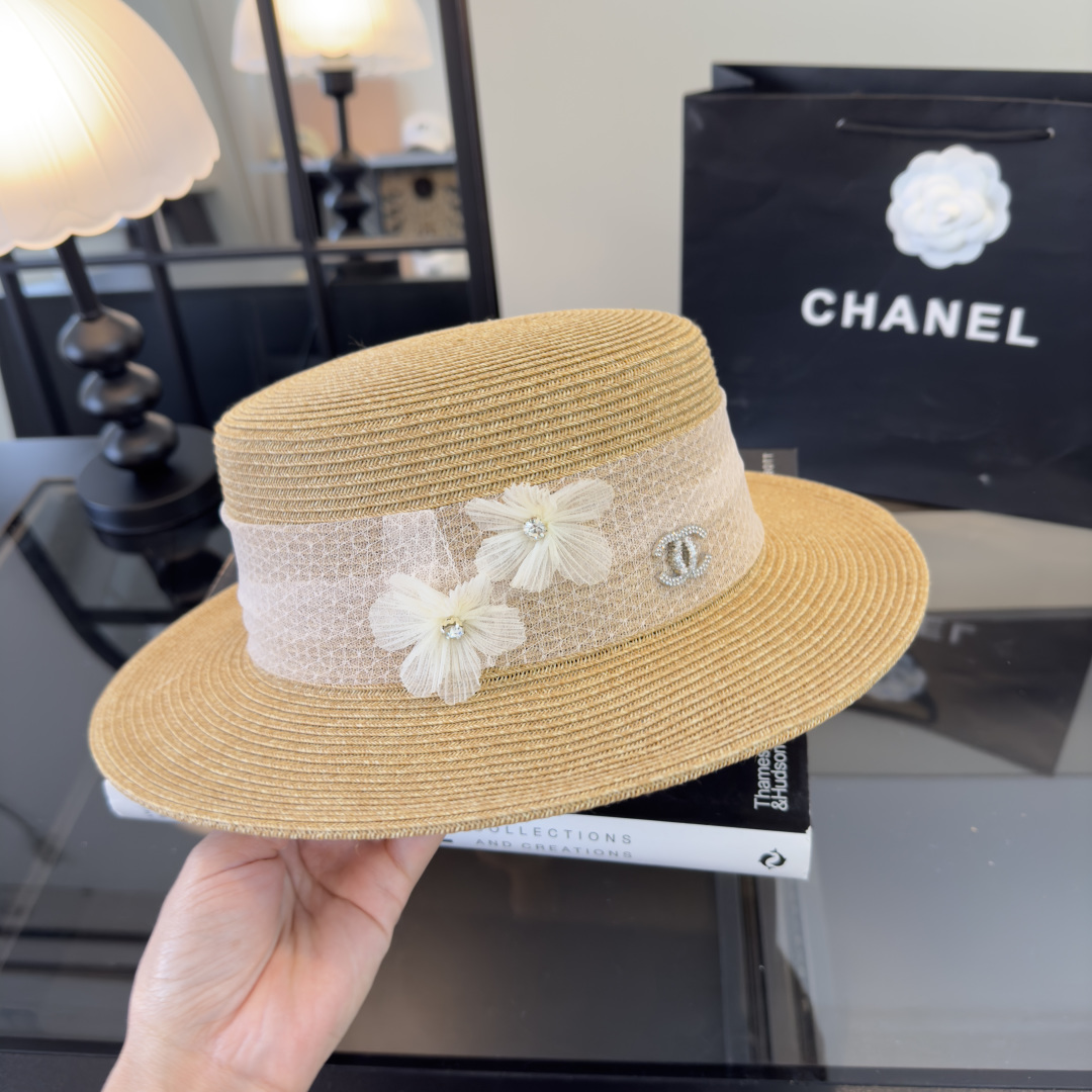 PChanel香奈儿新款平顶草帽，日本纸草制作，头围57cm