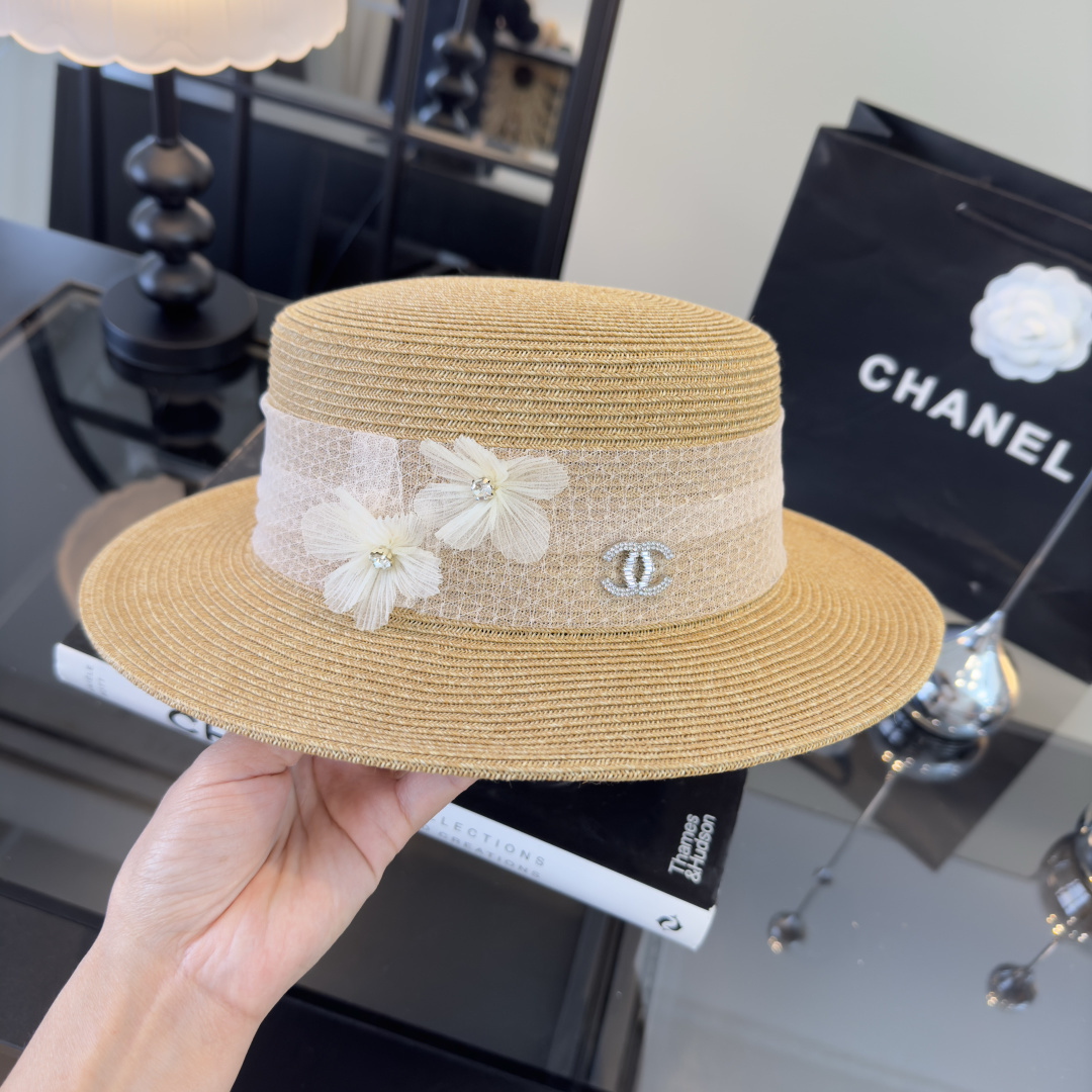 PChanel香奈儿新款平顶草帽，日本纸草制作，头围57cm