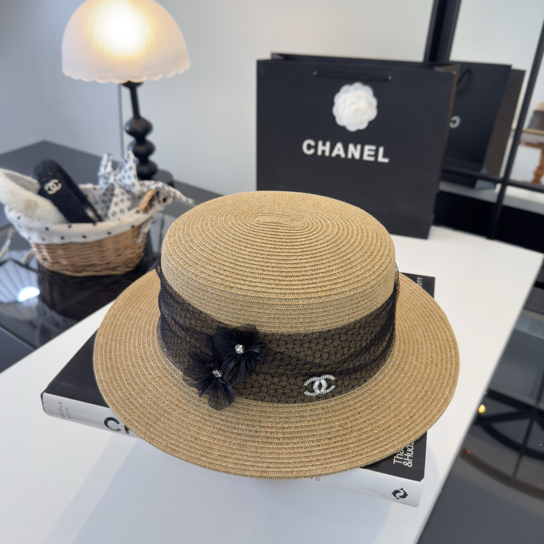PChanel香奈儿新款平顶草帽，日本纸草制作，头围57cm