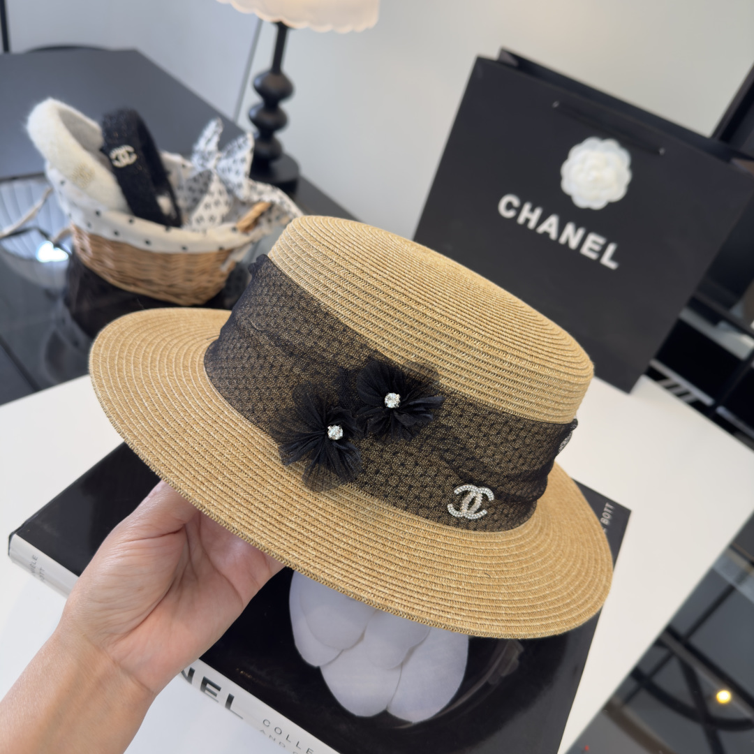 PChanel香奈儿新款平顶草帽，日本纸草制作，头围57cm