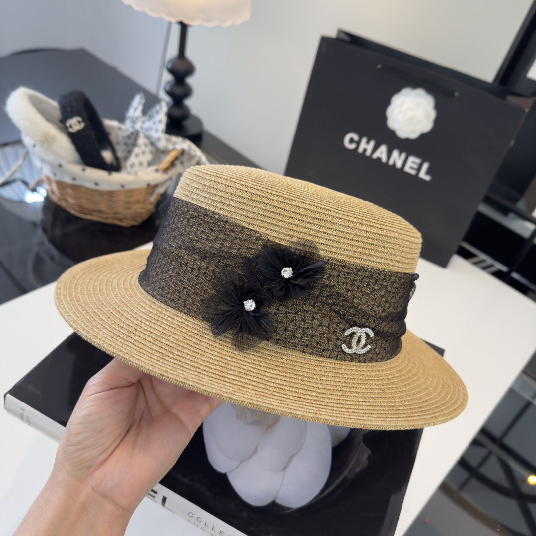 PChanel香奈儿新款平顶草帽，日本纸草制作，头围57cm