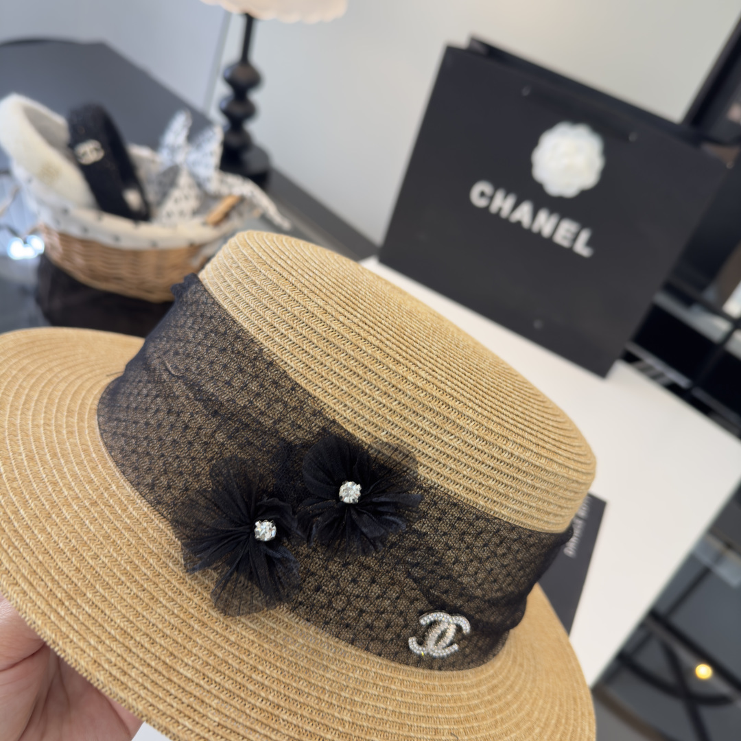PChanel香奈儿新款平顶草帽，日本纸草制作，头围57cm