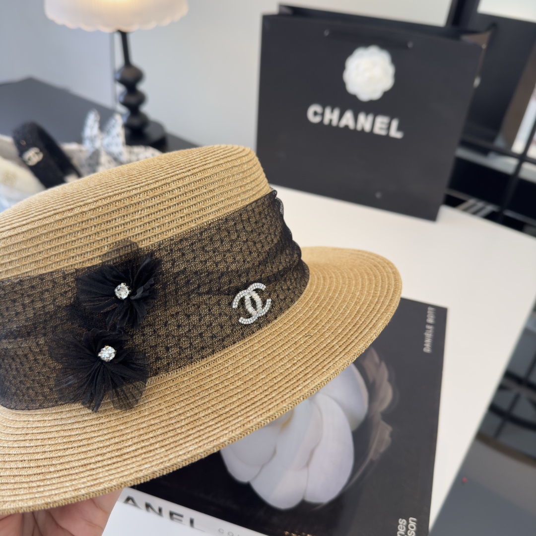 PChanel香奈儿新款平顶草帽，日本纸草制作，头围57cm