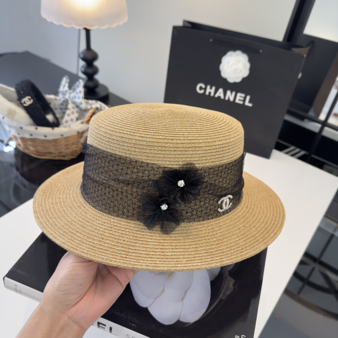 PChanel香奈儿新款平顶草帽，日本纸草制作，头围57cm