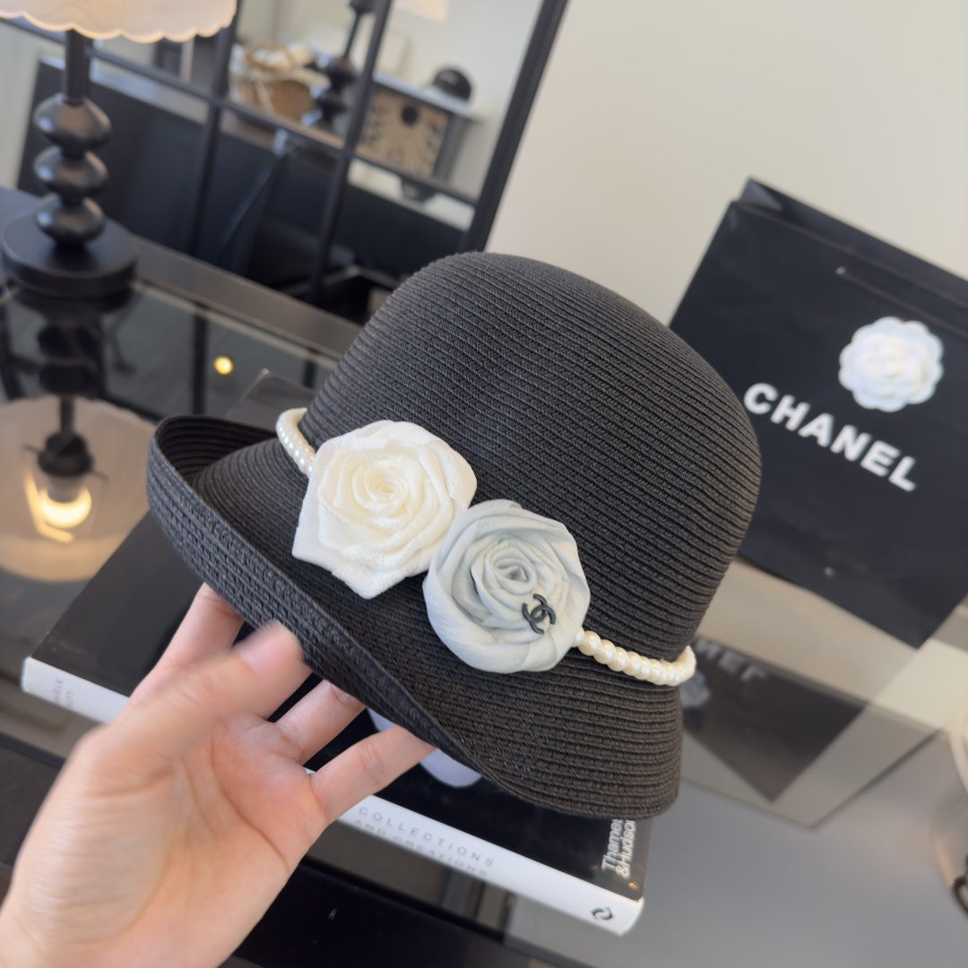 PChanel香奈儿新款珍珠链盆帽草帽，小清新，头围57cm