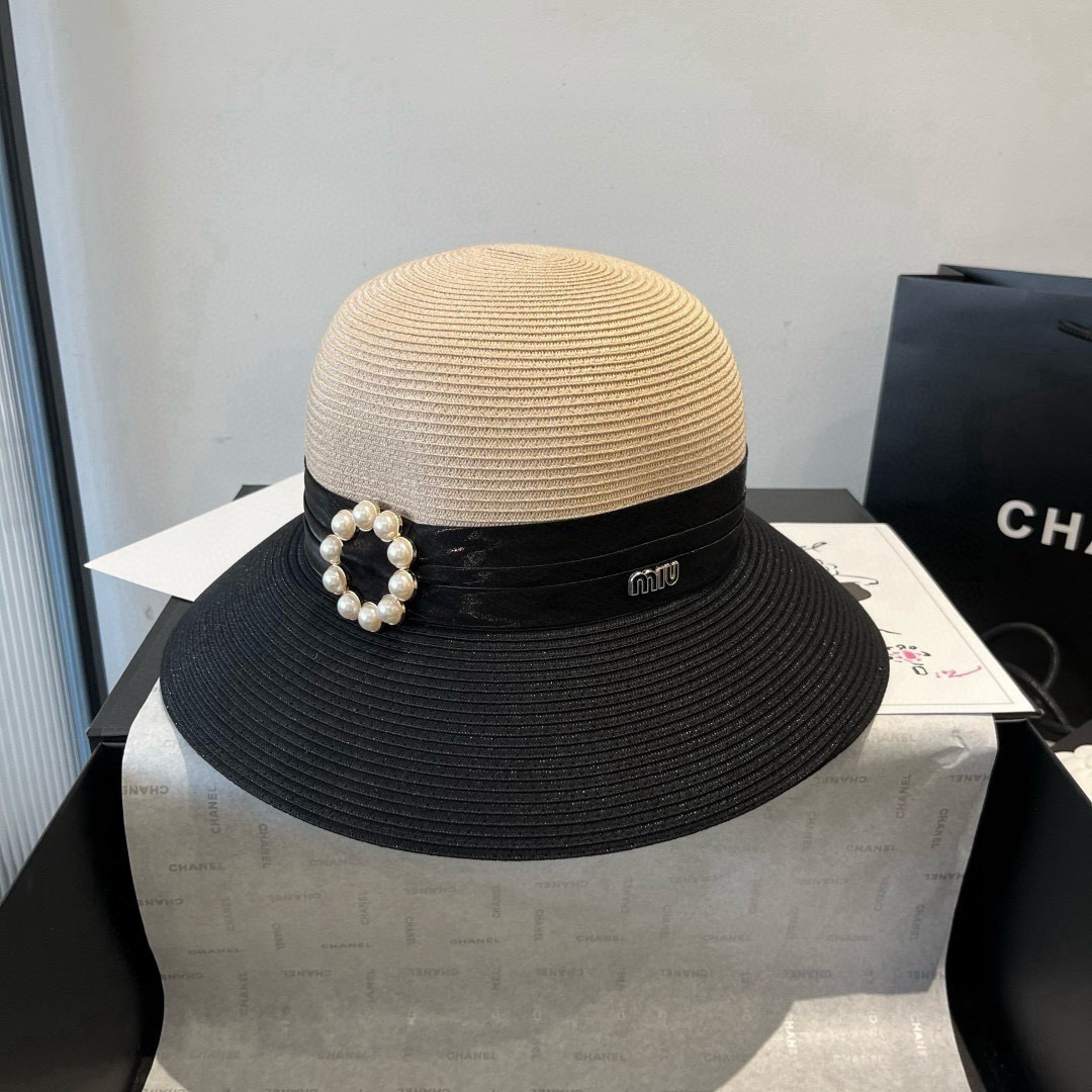 Miu Miu muumiu缪缪新款盆帽，拼色礼帽，台湾PP草面料，头围57cm