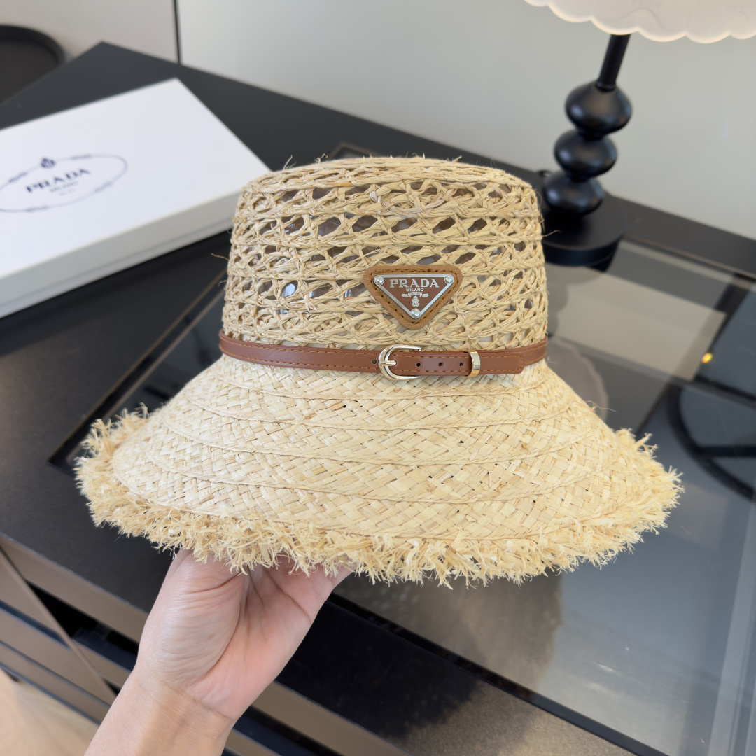 Prada 普拉达新款拉菲草帽，夏日遮阳帽，头围57cm