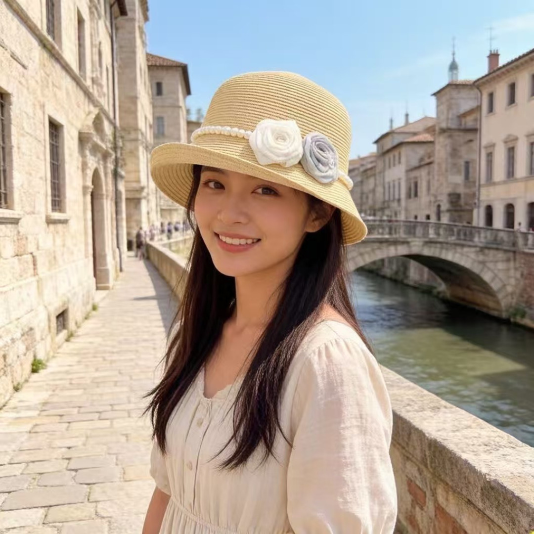 Chanel Chanel香奈儿新款珍珠链盆帽草帽，小清新，头围57cm