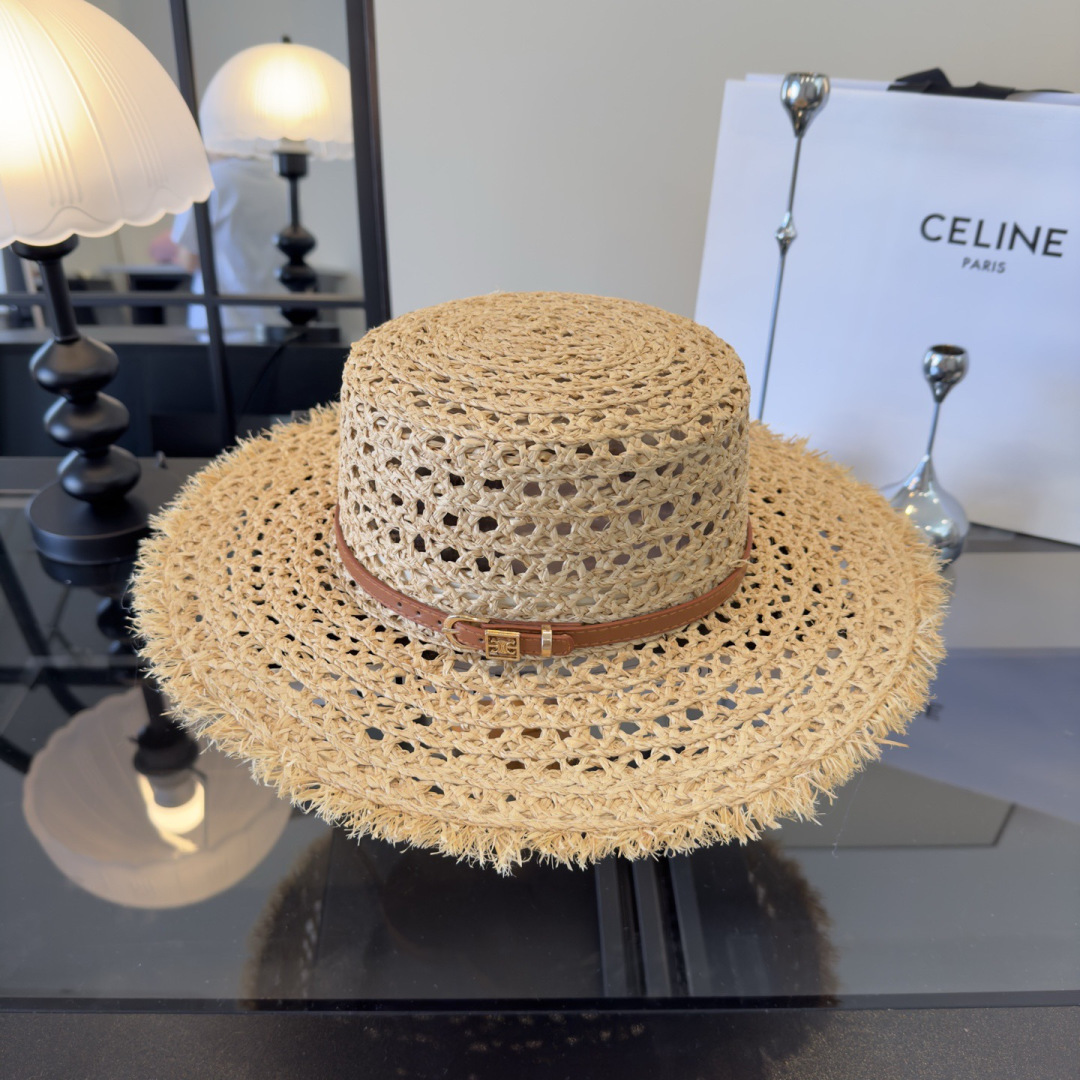 Celine Celine赛琳新款平顶礼帽，镂空遮阳帽，头围57cm