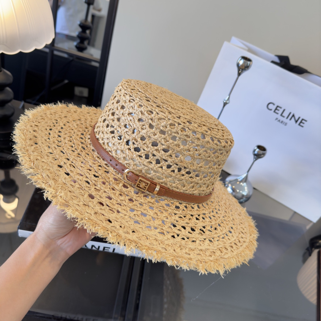 Celine Celine赛琳新款平顶礼帽，镂空遮阳帽，头围57cm
